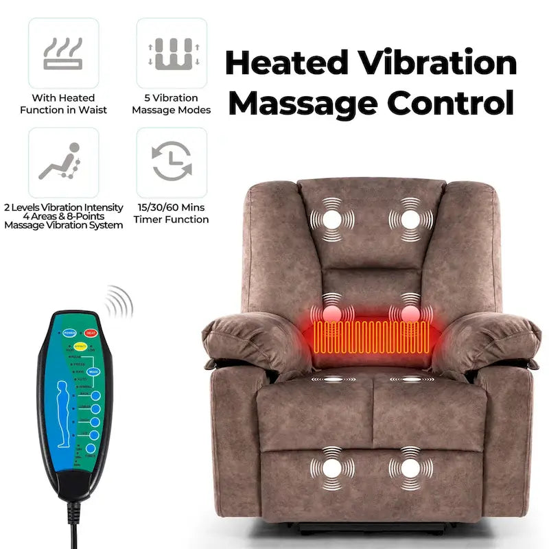 Fauteuil inclinable électrique en velours marron, massage, chauffage, poches, 8 points