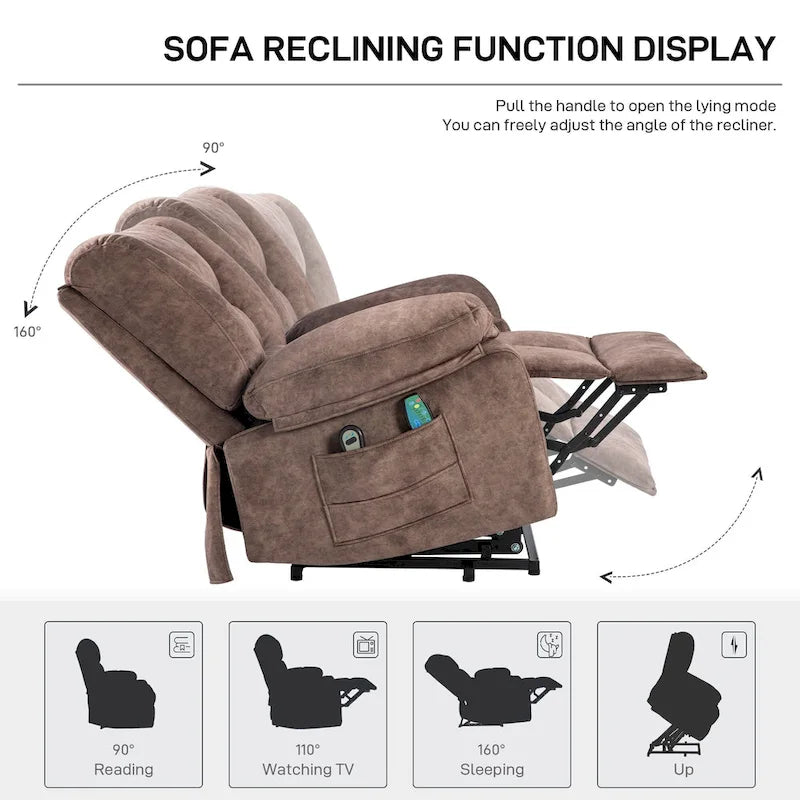 Fauteuil inclinable électrique en velours marron, massage, chauffage, poches, 8 points