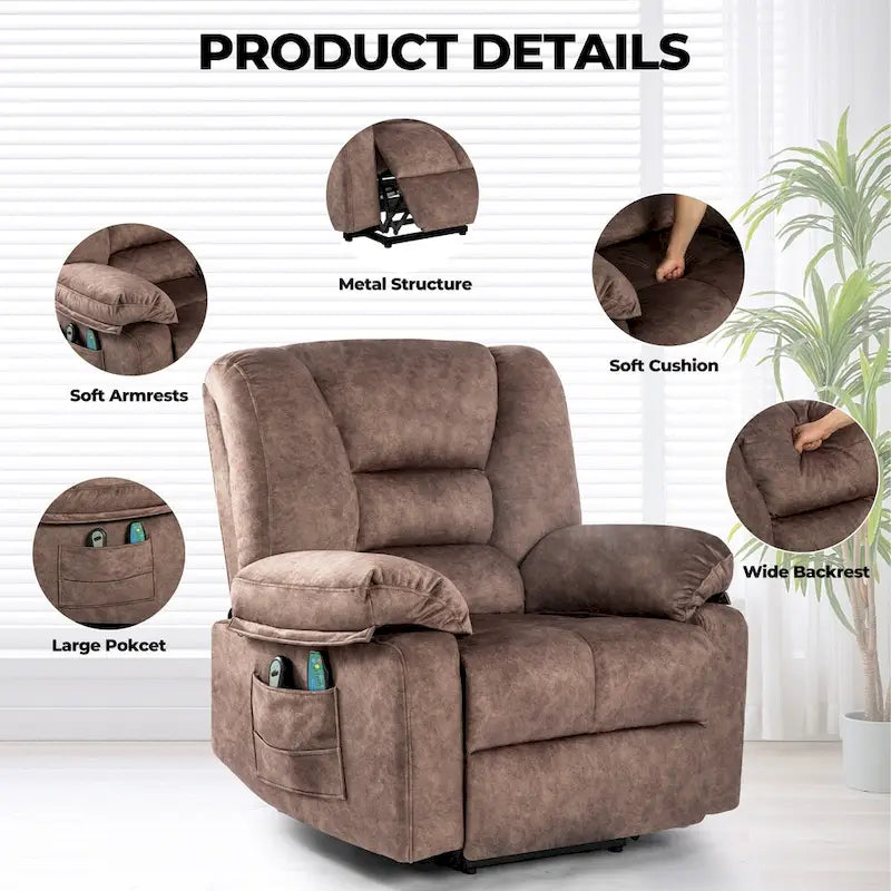 Fauteuil inclinable électrique en velours marron, massage, chauffage, poches, 8 points