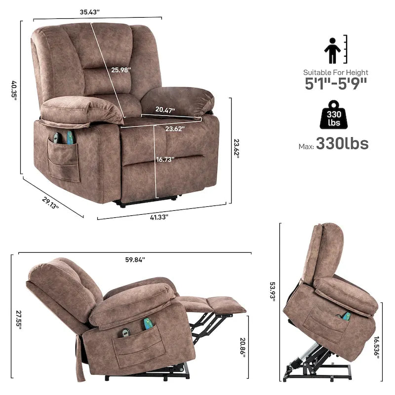 Fauteuil inclinable électrique en velours marron, massage, chauffage, poches, 8 points
