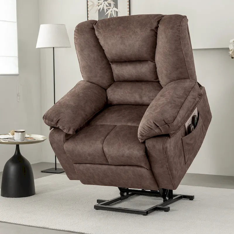 Fauteuil inclinable électrique en velours marron, massage, chauffage, poches, 8 points
