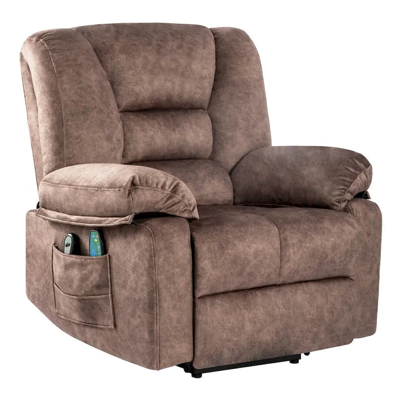 Fauteuil inclinable électrique en velours marron, massage, chauffage, poches, 8 points