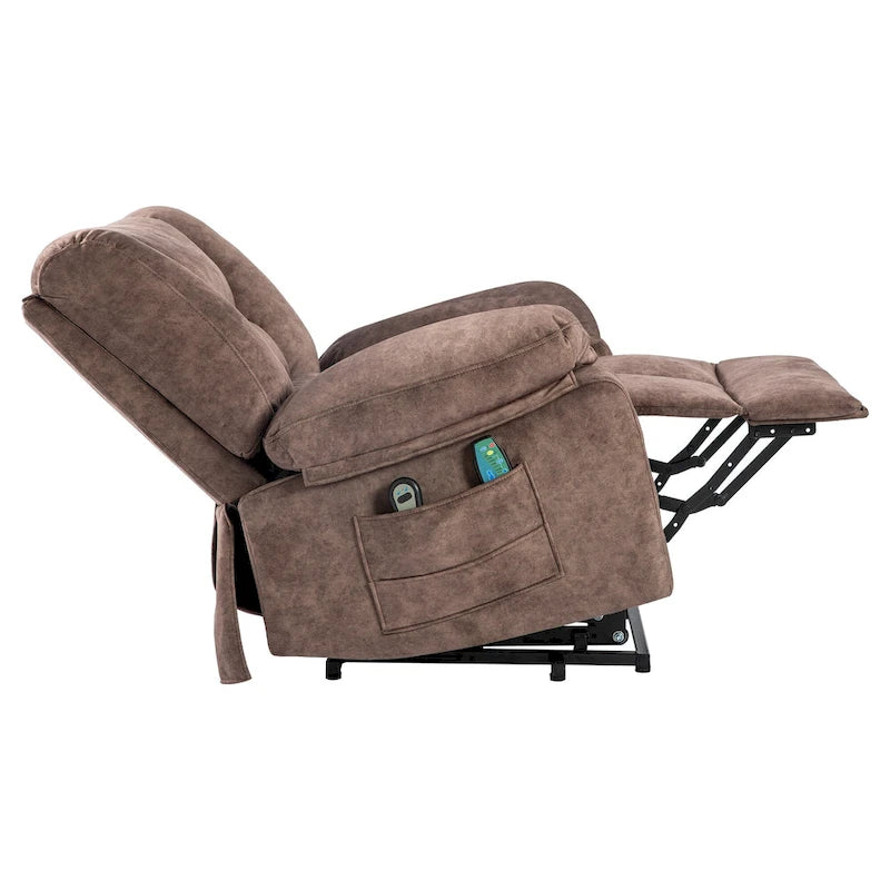 Fauteuil inclinable électrique en velours marron, massage, chauffage, poches, 8 points