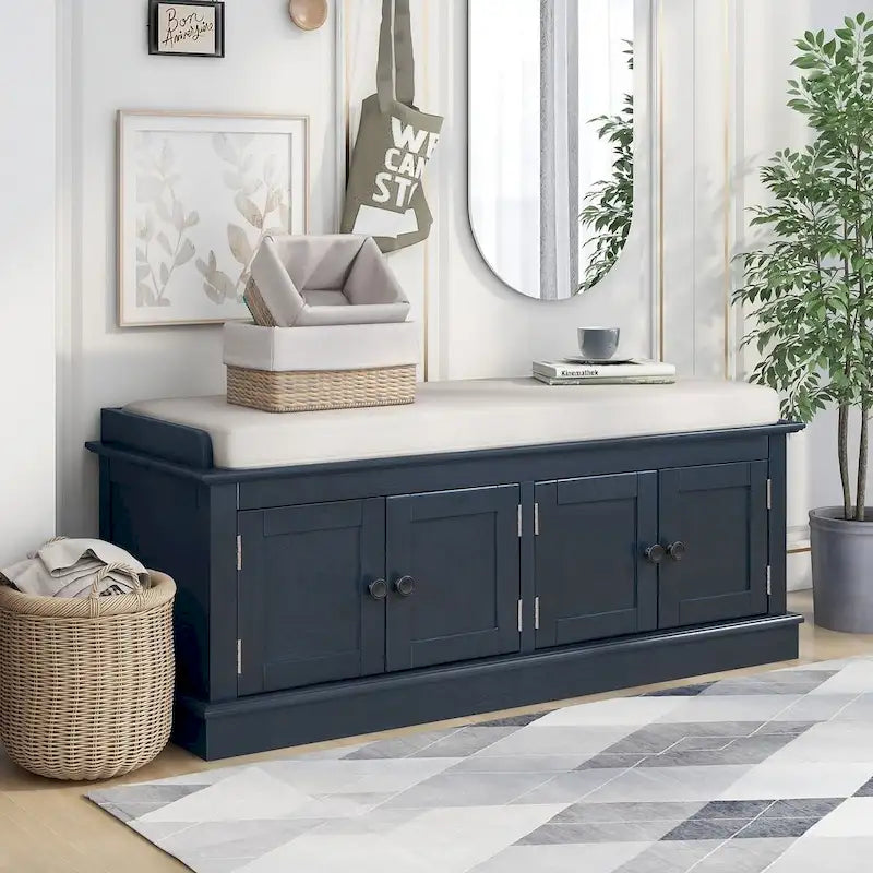 Banc de rangement rembourré multifonctionnel à 4 portes Farmhouse 42.70 avec étagères réglables et range-chaussures