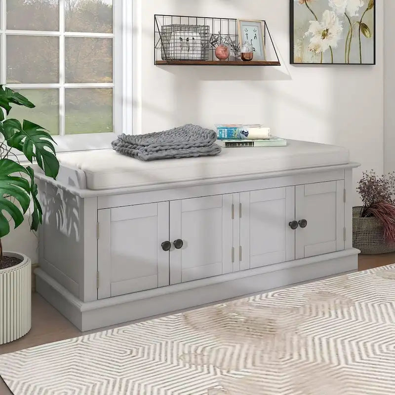 Banc de rangement rembourré multifonctionnel à 4 portes Farmhouse 42.70 avec étagères réglables et range-chaussures