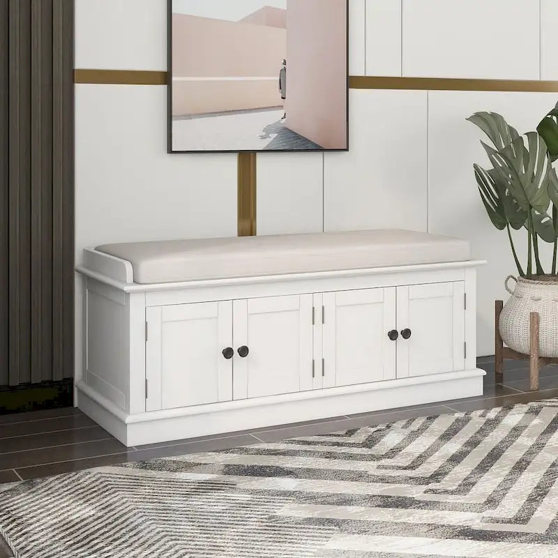 Banc de rangement rembourré multifonctionnel à 4 portes Farmhouse 42.70 avec étagères réglables et range-chaussures