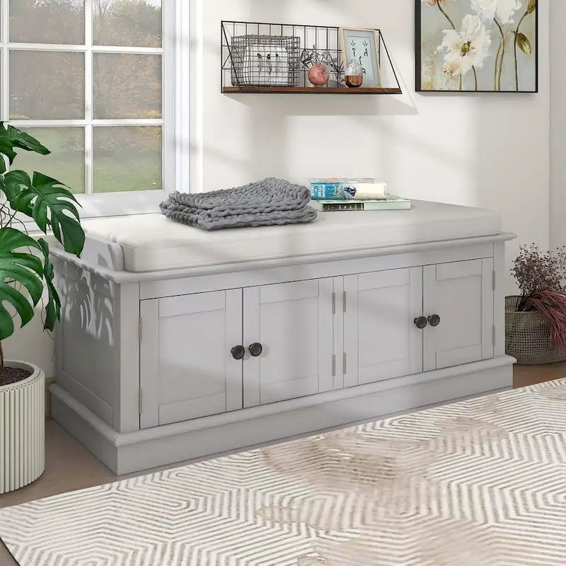 Banc de rangement rembourré multifonctionnel à 4 portes Farmhouse 42.70 avec étagères réglables et range-chaussures
