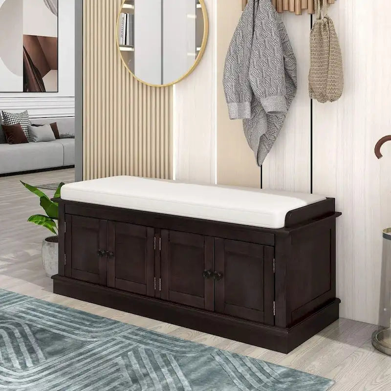 Banc de rangement rembourré multifonctionnel à 4 portes Farmhouse 42.70 avec étagères réglables et range-chaussures
