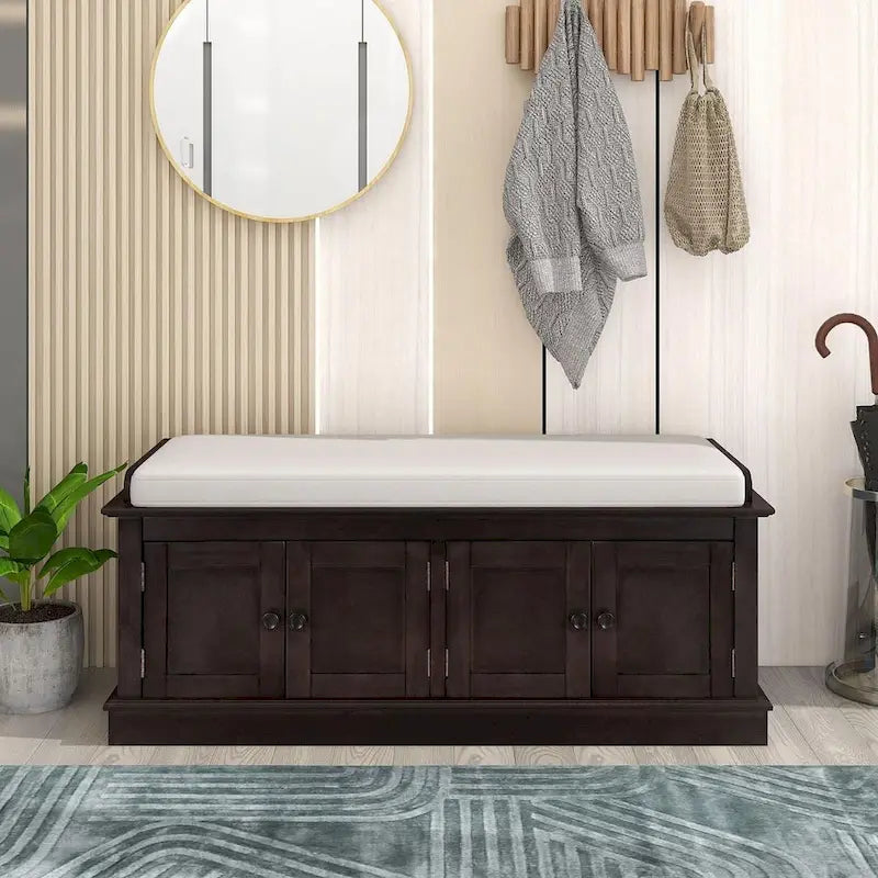 Banc de rangement rembourré multifonctionnel à 4 portes Farmhouse 42.70 avec étagères réglables et range-chaussures