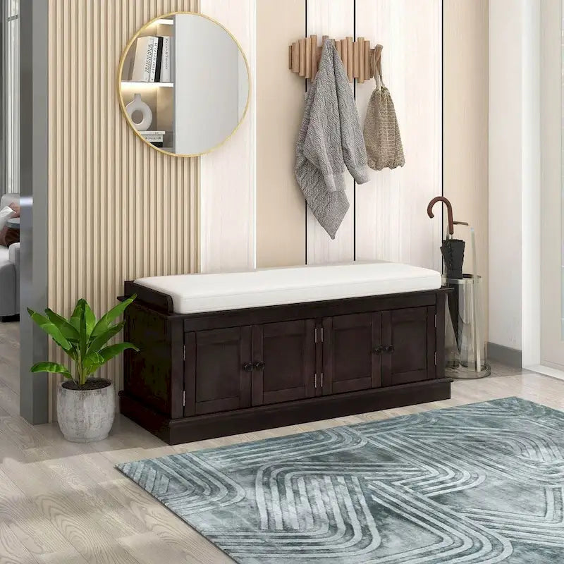 Banc de rangement rembourré multifonctionnel à 4 portes Farmhouse 42.70 avec étagères réglables et range-chaussures