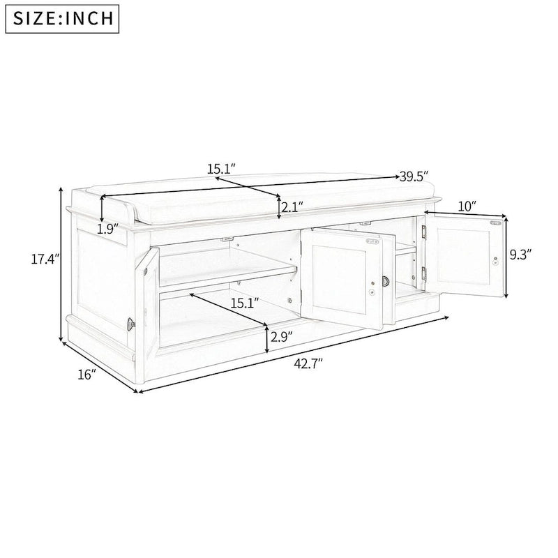 Banc de rangement rembourré multifonctionnel à 4 portes Farmhouse 42.70 avec étagères réglables et range-chaussures