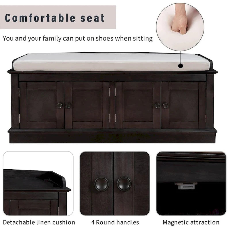 Banc de rangement rembourré multifonctionnel à 4 portes Farmhouse 42.70 avec étagères réglables et range-chaussures