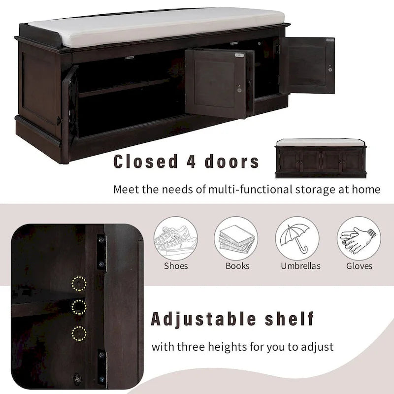 Banc de rangement rembourré multifonctionnel à 4 portes Farmhouse 42.70 avec étagères réglables et range-chaussures