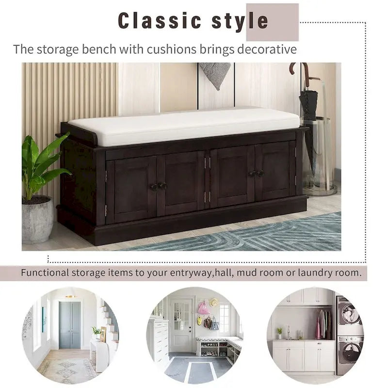 Banc de rangement rembourré multifonctionnel à 4 portes Farmhouse 42.70 avec étagères réglables et range-chaussures