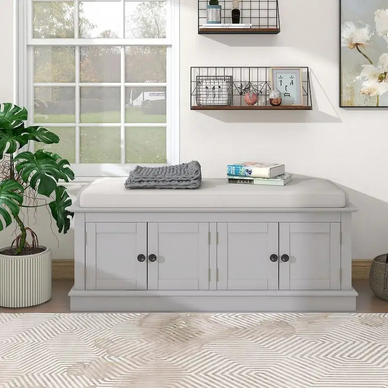 Banc de rangement rembourré multifonctionnel à 4 portes Farmhouse 42.70 avec étagères réglables et range-chaussures