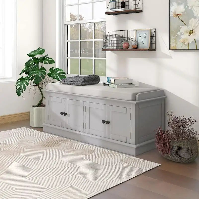 Banc de rangement rembourré multifonctionnel à 4 portes Farmhouse 42.70 avec étagères réglables et range-chaussures