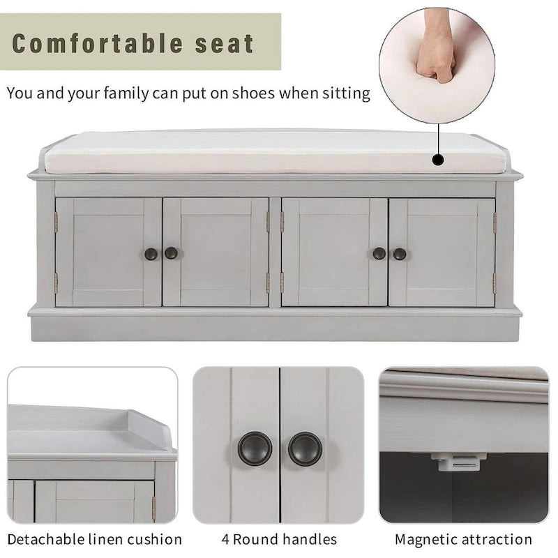 Banc de rangement rembourré multifonctionnel à 4 portes Farmhouse 42.70 avec étagères réglables et range-chaussures