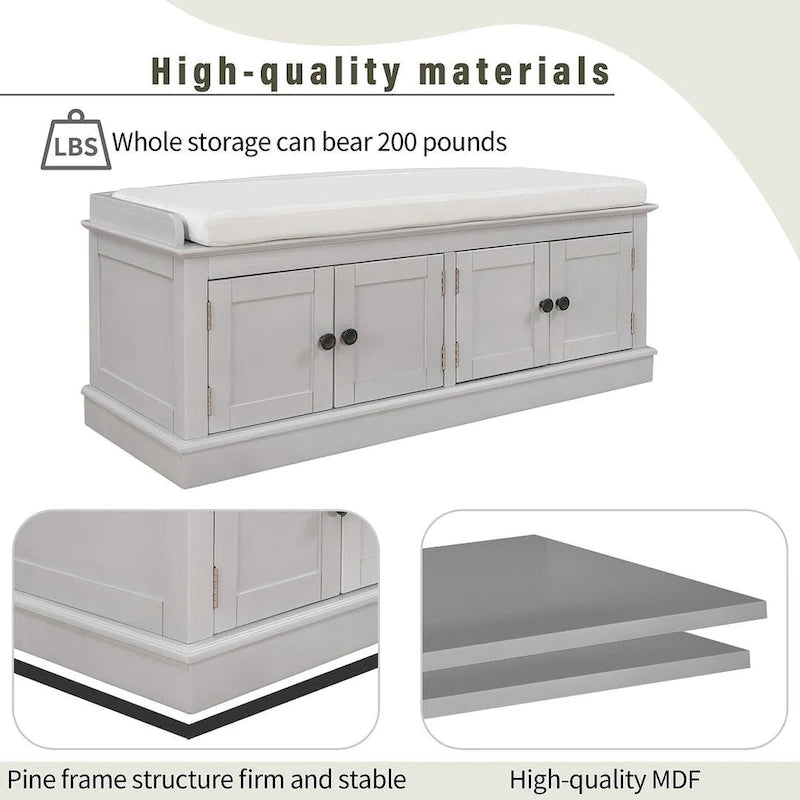 Banc de rangement rembourré multifonctionnel à 4 portes Farmhouse 42.70 avec étagères réglables et range-chaussures