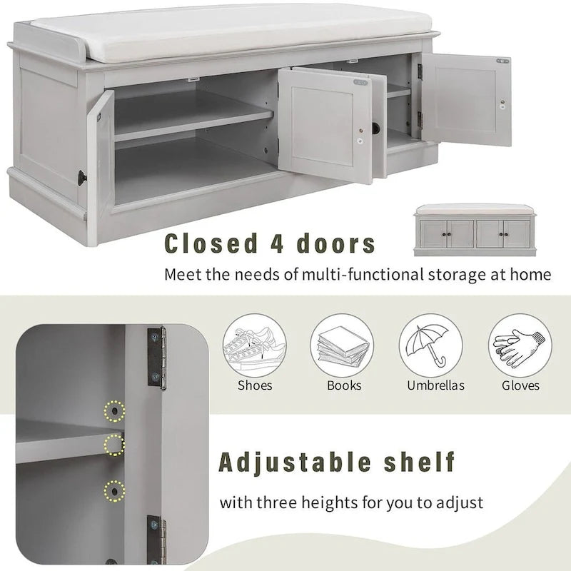 Banc de rangement rembourré multifonctionnel à 4 portes Farmhouse 42.70 avec étagères réglables et range-chaussures