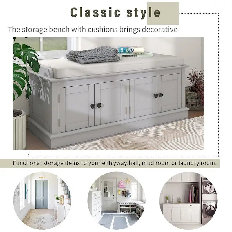 Banc de rangement rembourré multifonctionnel à 4 portes Farmhouse 42.70 avec étagères réglables et range-chaussures