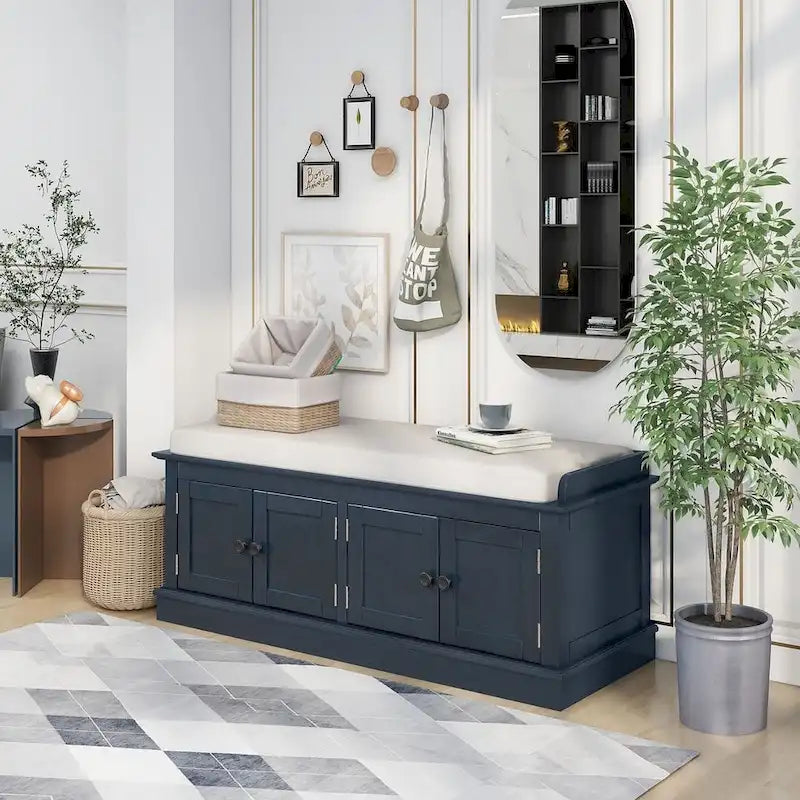 Banc de rangement rembourré multifonctionnel à 4 portes Farmhouse 42.70 avec étagères réglables et range-chaussures