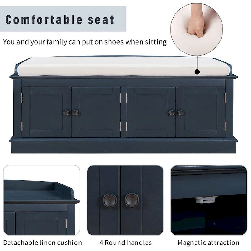 Banc de rangement rembourré multifonctionnel à 4 portes Farmhouse 42.70 avec étagères réglables et range-chaussures