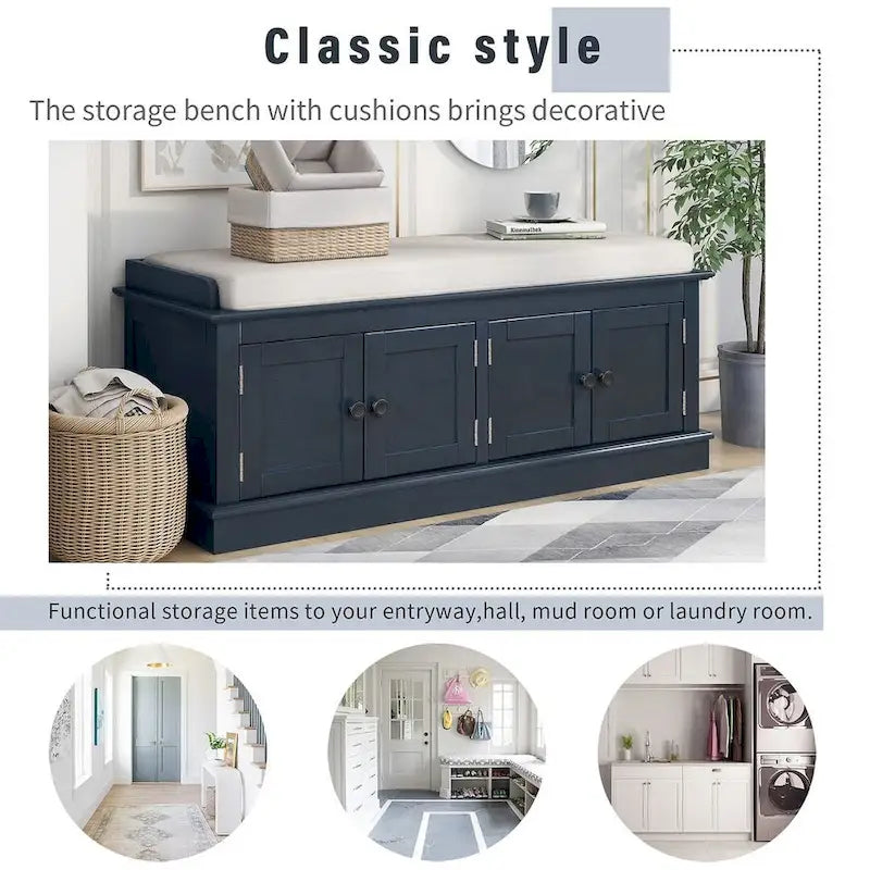Banc de rangement rembourré multifonctionnel à 4 portes Farmhouse 42.70 avec étagères réglables et range-chaussures
