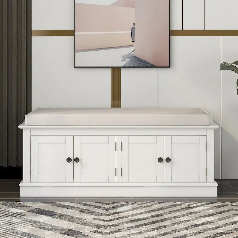 Banc de rangement rembourré multifonctionnel à 4 portes Farmhouse 42.70 avec étagères réglables et range-chaussures