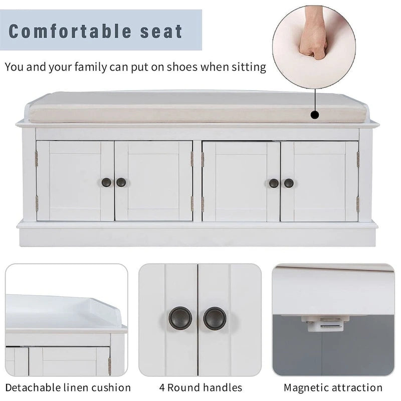 Banc de rangement rembourré multifonctionnel à 4 portes Farmhouse 42.70 avec étagères réglables et range-chaussures