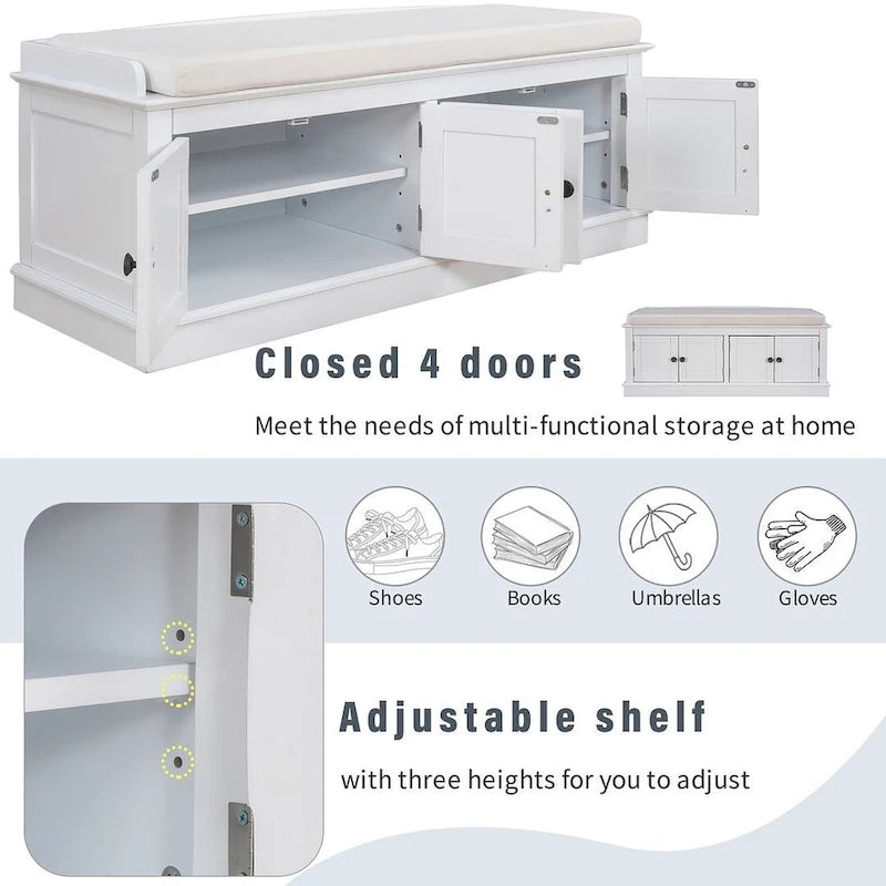 Banc de rangement rembourré multifonctionnel à 4 portes Farmhouse 42.70 avec étagères réglables et range-chaussures