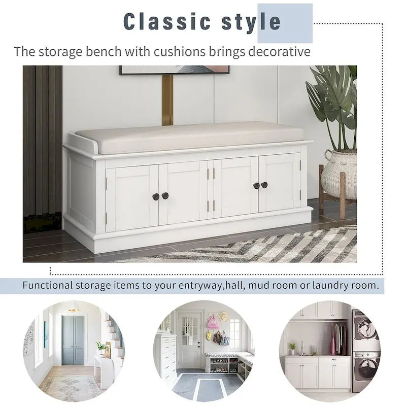 Banc de rangement rembourré multifonctionnel à 4 portes Farmhouse 42.70 avec étagères réglables et range-chaussures