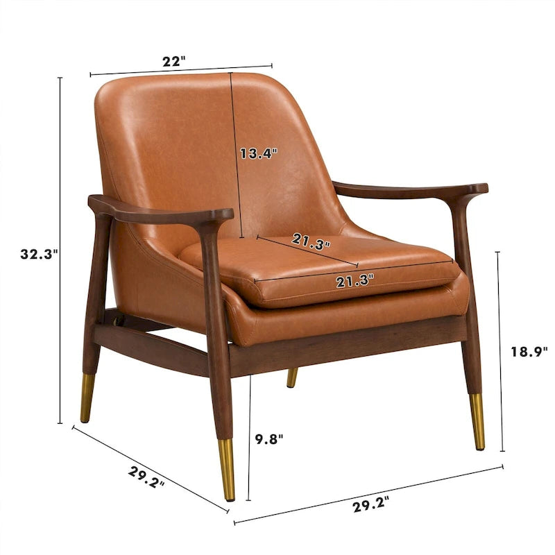 Fauteuil de détente moderne en similicuir PU, structure en bois massif, style milieu du siècle