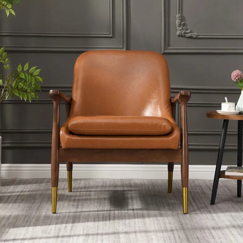 Fauteuil de détente moderne en similicuir PU, structure en bois massif, style milieu du siècle