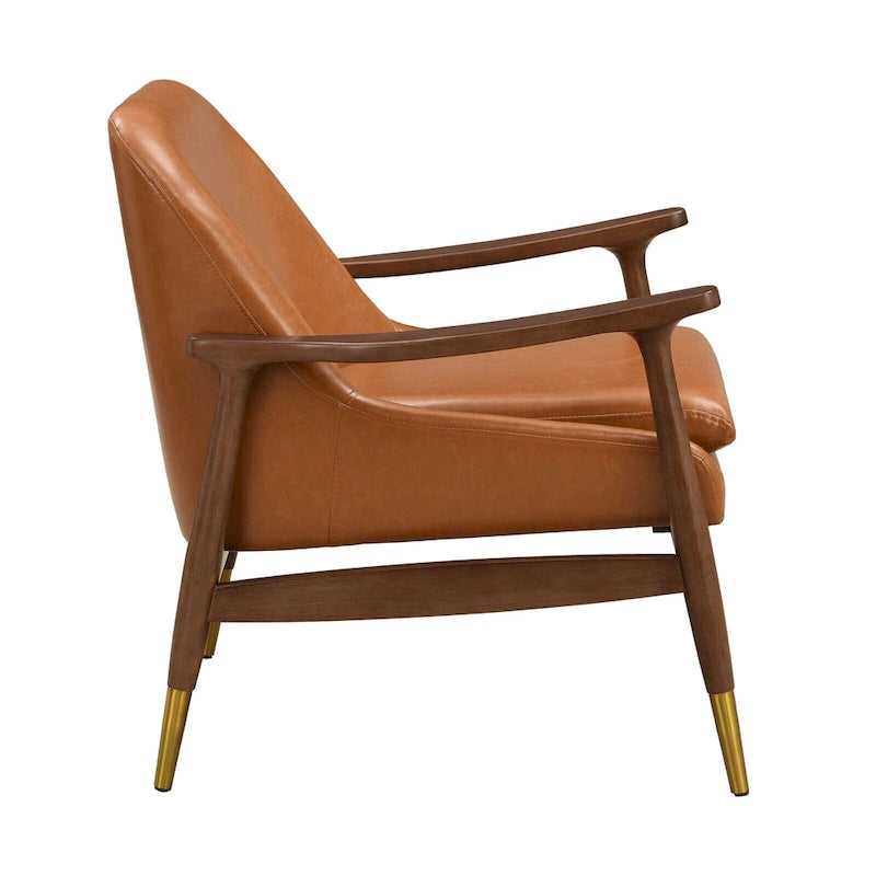 Fauteuil de détente moderne en similicuir PU, structure en bois massif, style milieu du siècle
