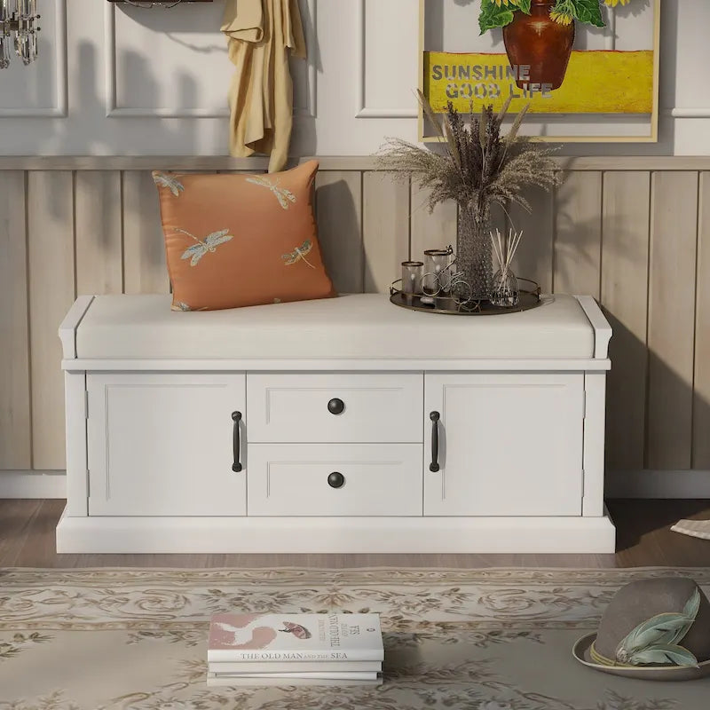 Banc de rangement avec 2 tiroirs et 2 placards, banc à chaussures avec coussin amovible pour salon