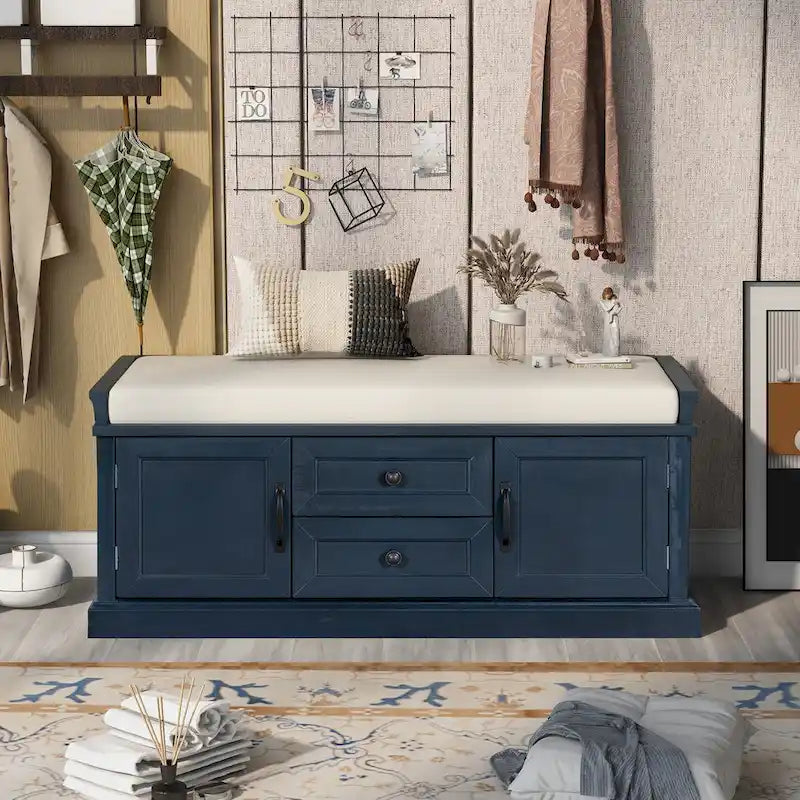Banc de rangement avec 2 tiroirs et 2 placards, banc à chaussures avec coussin amovible pour salon
