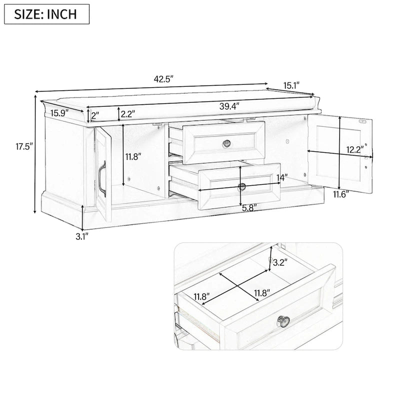 Banc de rangement avec 2 tiroirs et 2 placards, banc à chaussures avec coussin amovible pour salon