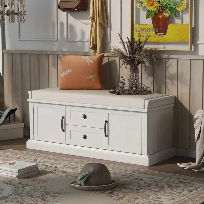 Banc de rangement avec 2 tiroirs et 2 placards, banc à chaussures avec coussin amovible pour salon