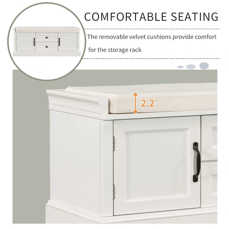 Banc de rangement avec 2 tiroirs et 2 placards, banc à chaussures avec coussin amovible pour salon