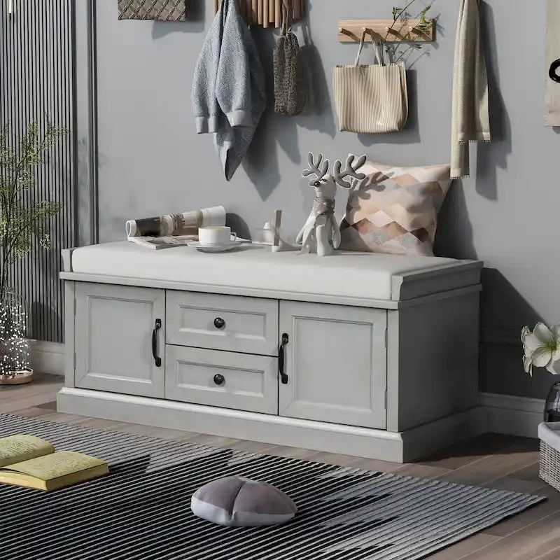Banc de rangement avec 2 tiroirs et 2 placards, banc à chaussures avec coussin amovible pour salon
