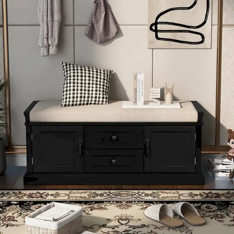 Banc de rangement avec 2 tiroirs et 2 placards, banc à chaussures avec coussin amovible pour salon