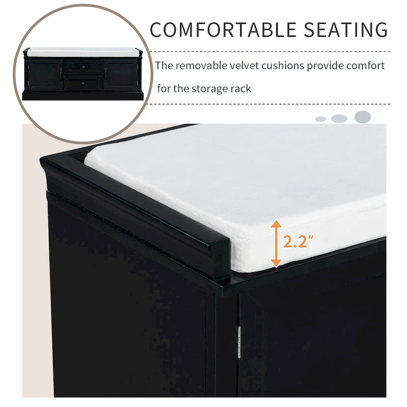 Banc de rangement avec 2 tiroirs et 2 placards, banc à chaussures avec coussin amovible pour salon