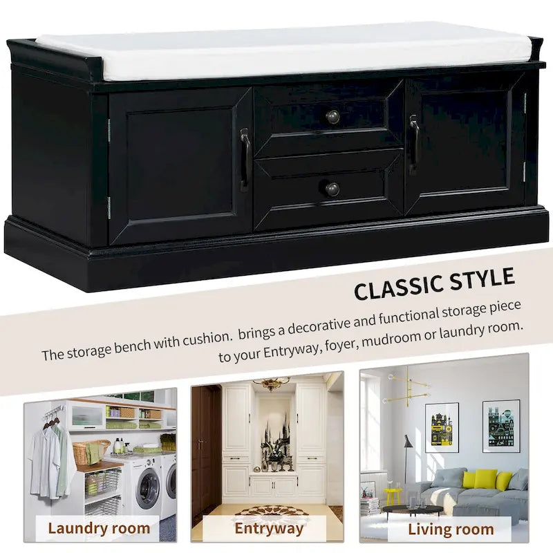 Banc de rangement avec 2 tiroirs et 2 placards, banc à chaussures avec coussin amovible pour salon