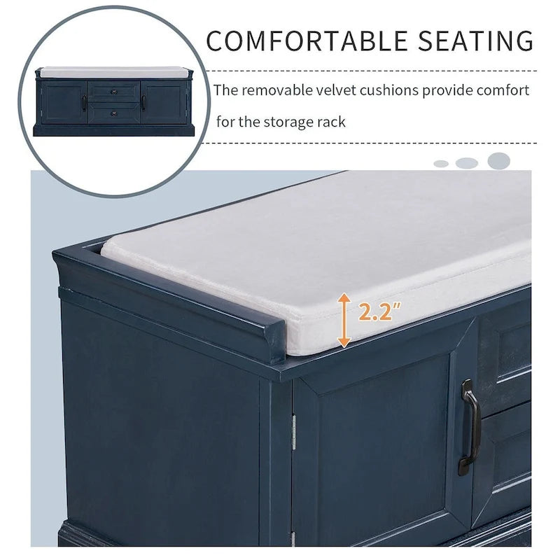 Banc de rangement rembourré de style campagnard avec 2 tiroirs et 2 placards