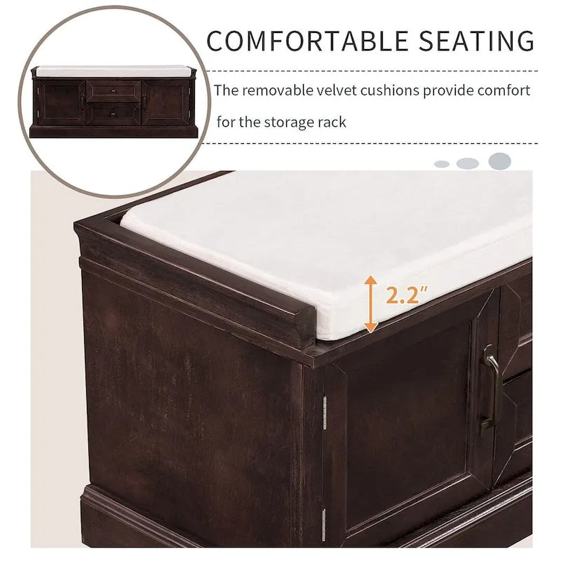 Banc de rangement rembourré de style campagnard avec 2 tiroirs et 2 placards