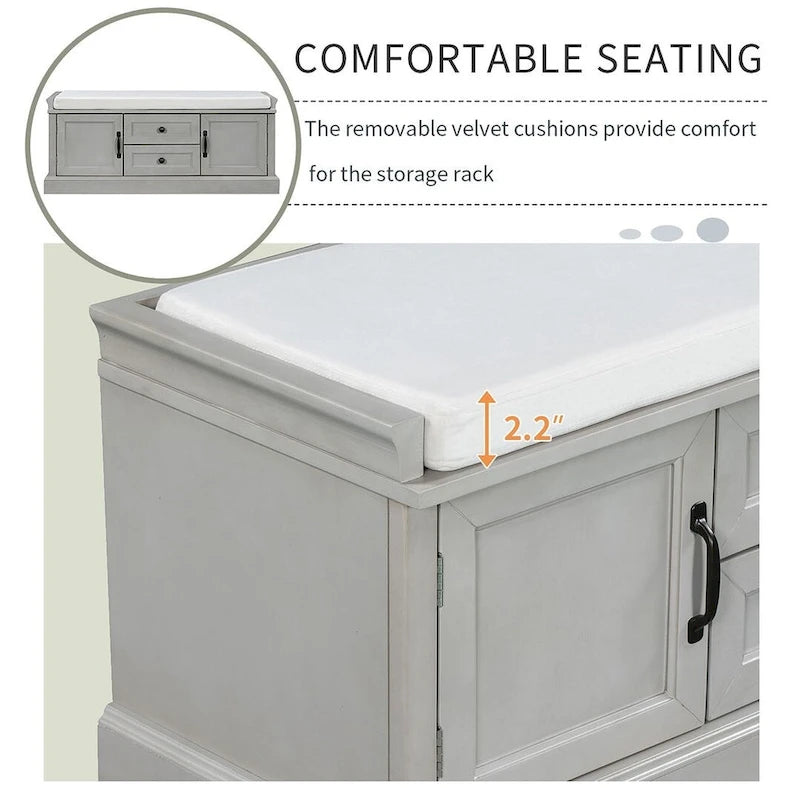 Banc de rangement rembourré de style campagnard avec 2 tiroirs et 2 placards