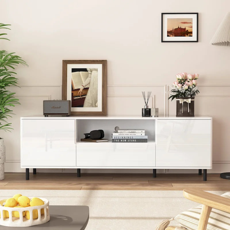 Meuble TV moderne à panneaux brillants, support TV, centre de divertissement avec étagères de rangement, meuble TV pour salon, chambre