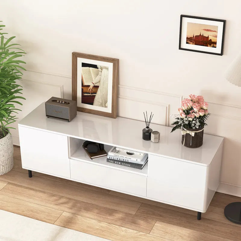 Meuble TV moderne à panneaux brillants, support TV, centre de divertissement avec étagères de rangement, meuble TV pour salon, chambre