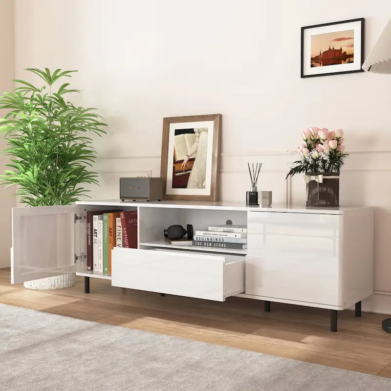 Meuble TV moderne à panneaux brillants, support TV, centre de divertissement avec étagères de rangement, meuble TV pour salon, chambre
