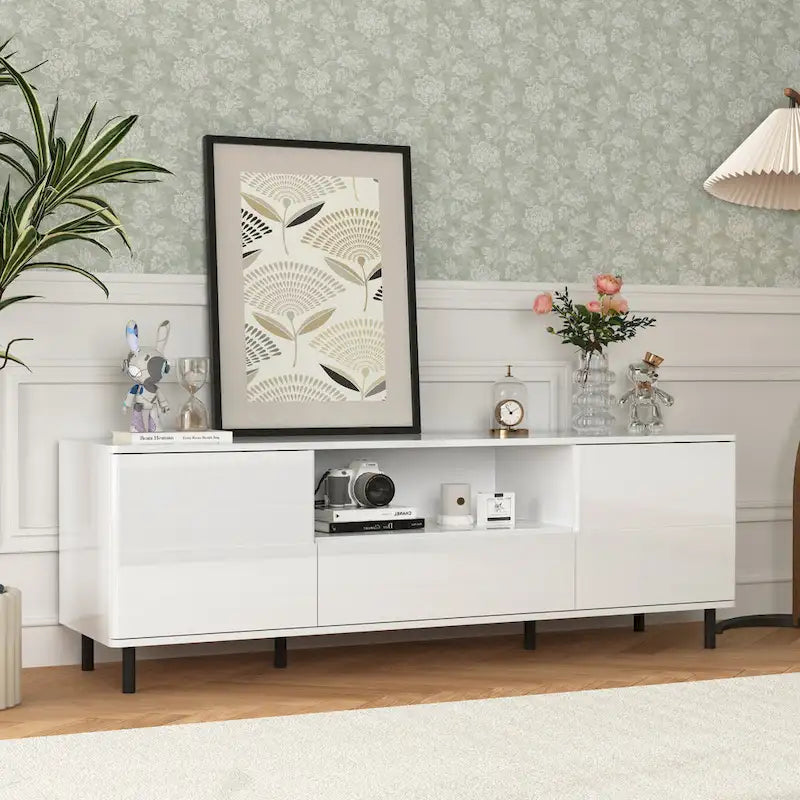 Meuble TV moderne à panneaux brillants, support TV, centre de divertissement avec étagères de rangement, meuble TV pour salon, chambre